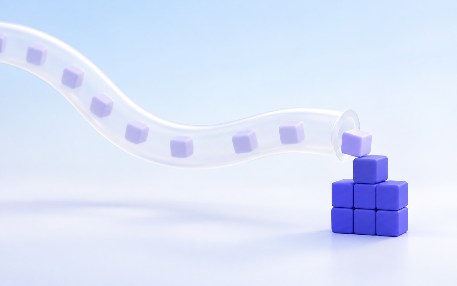 Cubes travelling through a curved white tube into a stack of indigo cubes