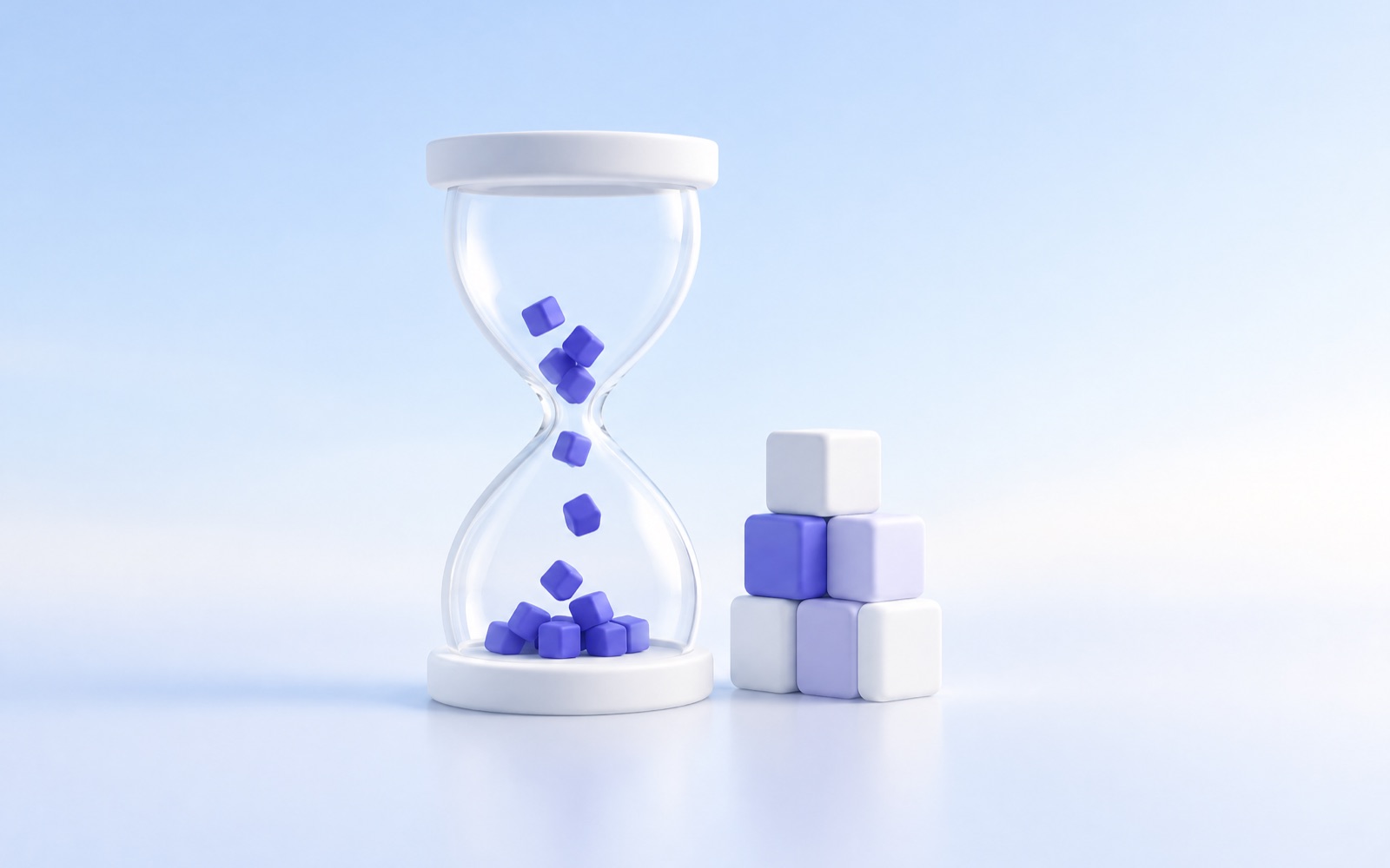 An hourglass with small indigo cubes falling through it