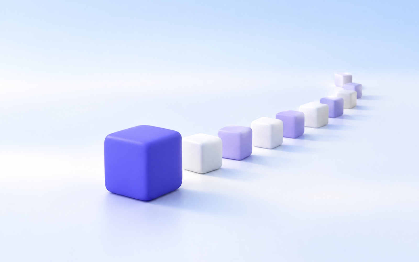 A large indigo cube leading a line of smaller cubes