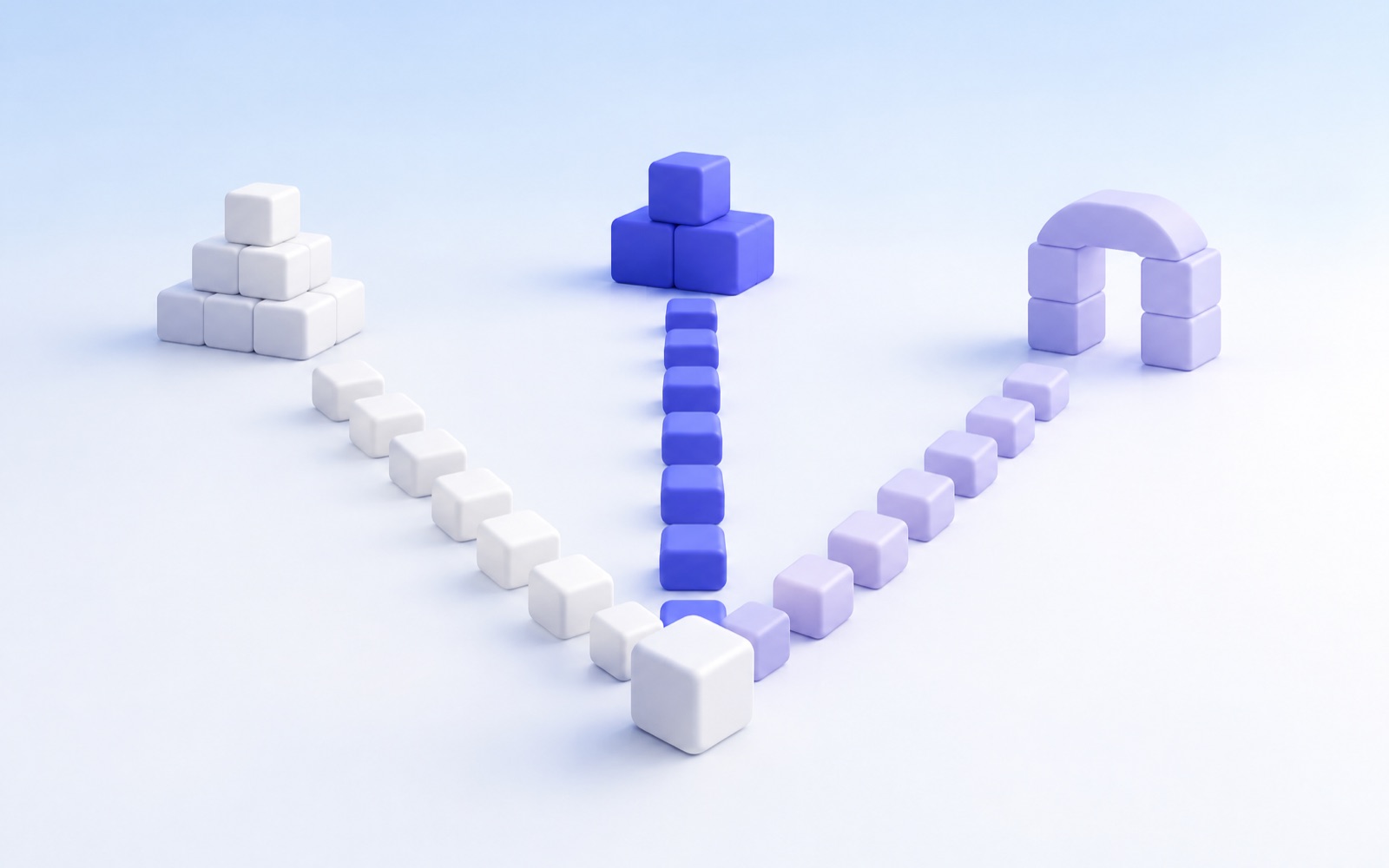 Three paths of cubes branching from one starting point in different directions