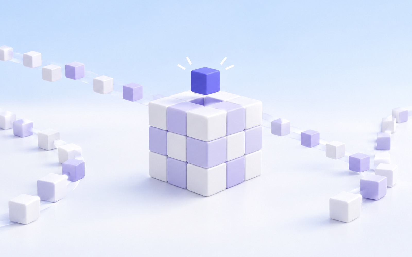 Small cubes assembling into one large cube, the last indigo piece clicking into place