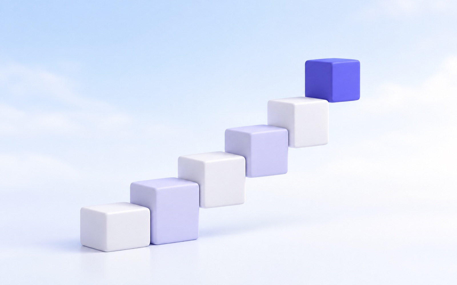 A staircase of white and lavender cubes rising to one indigo cube at the top