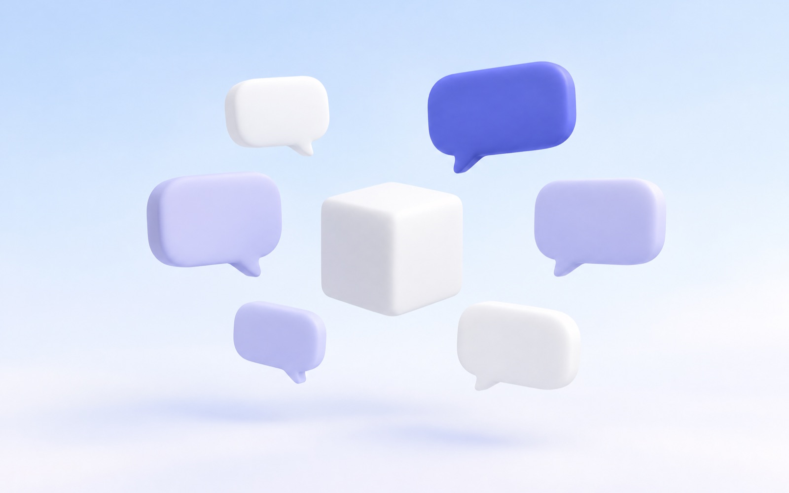 Empty speech bubbles floating around a white cube, one of them indigo