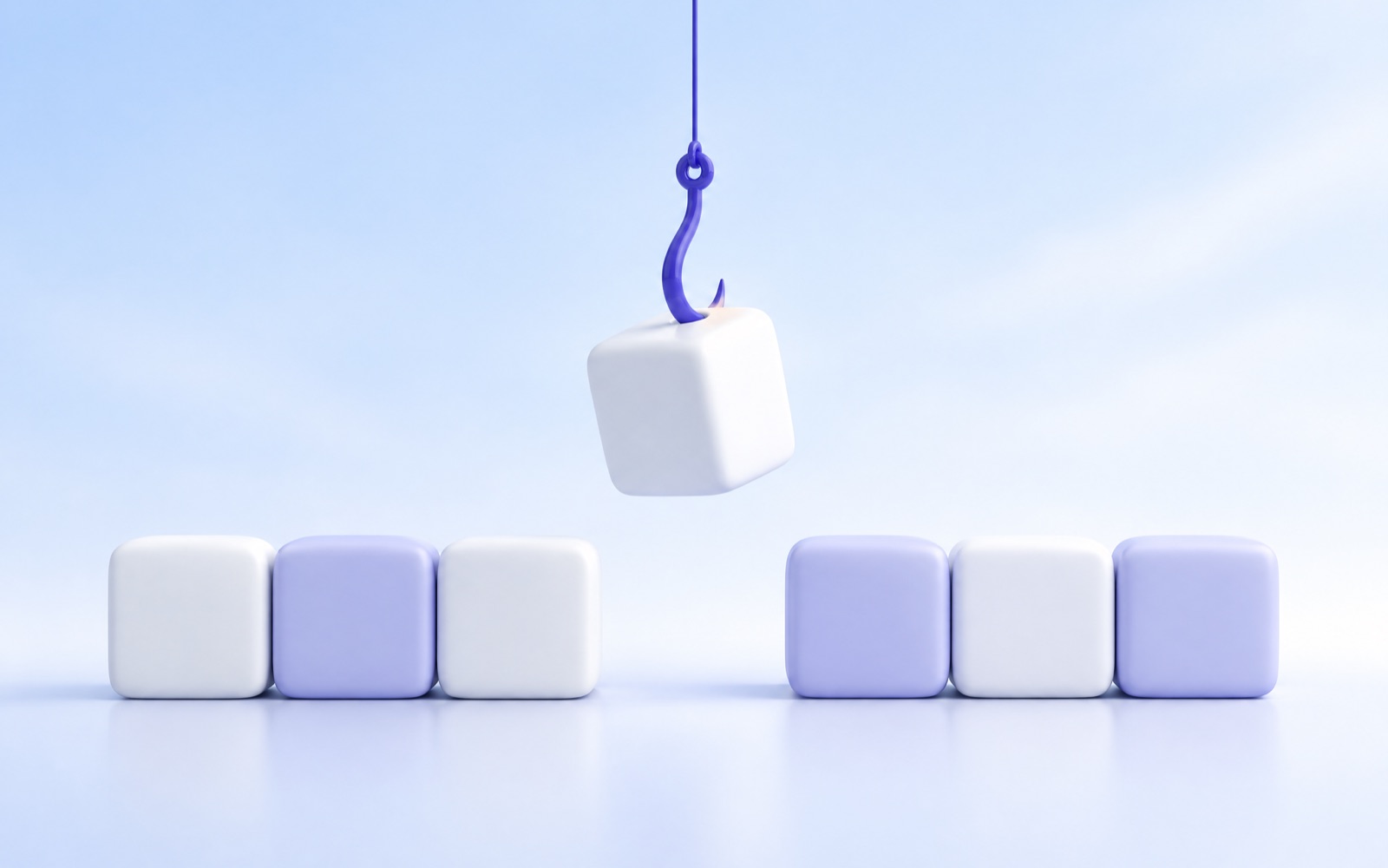 An indigo hook lifting one cube out of a row of cubes