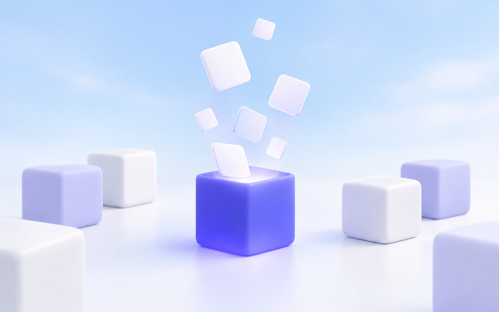 Small white cards floating up out of a glowing indigo cube