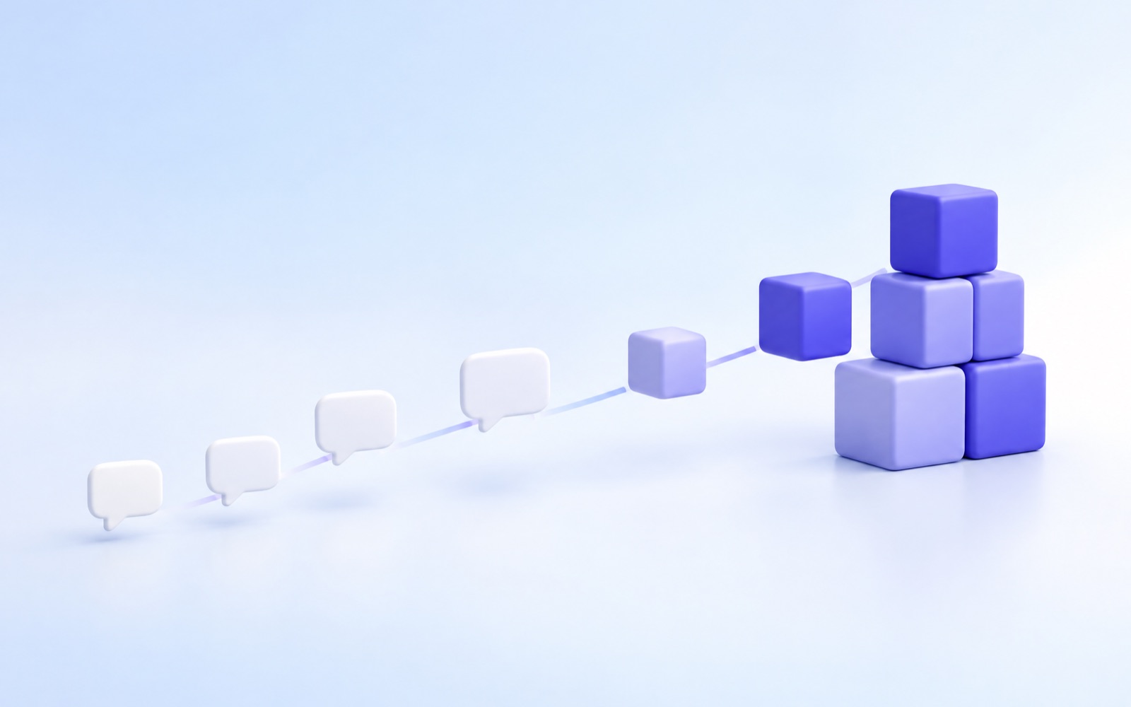 Speech bubbles moving along a path and turning into stacked indigo cubes