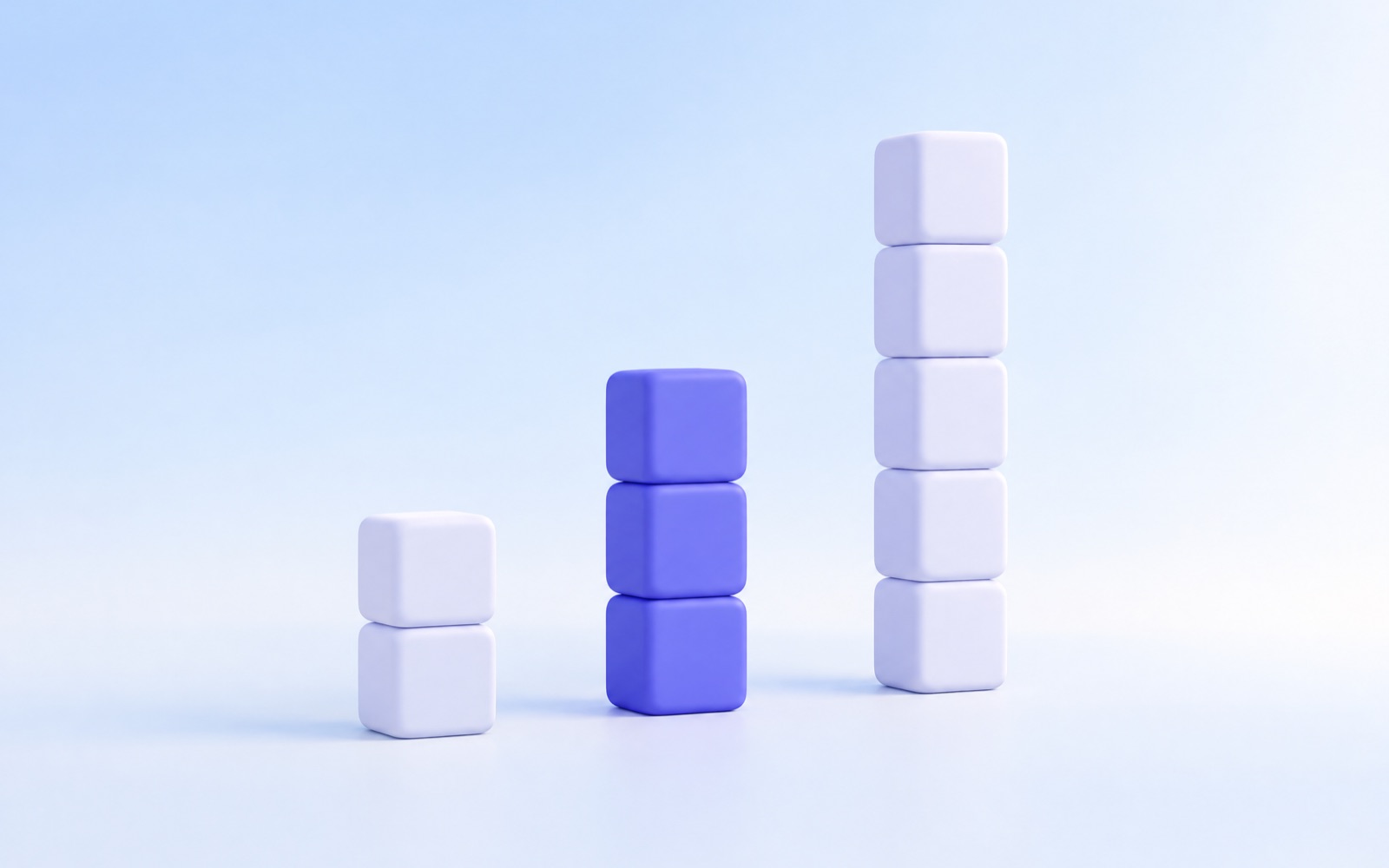 Three columns of stacked cubes at different heights, the middle one indigo